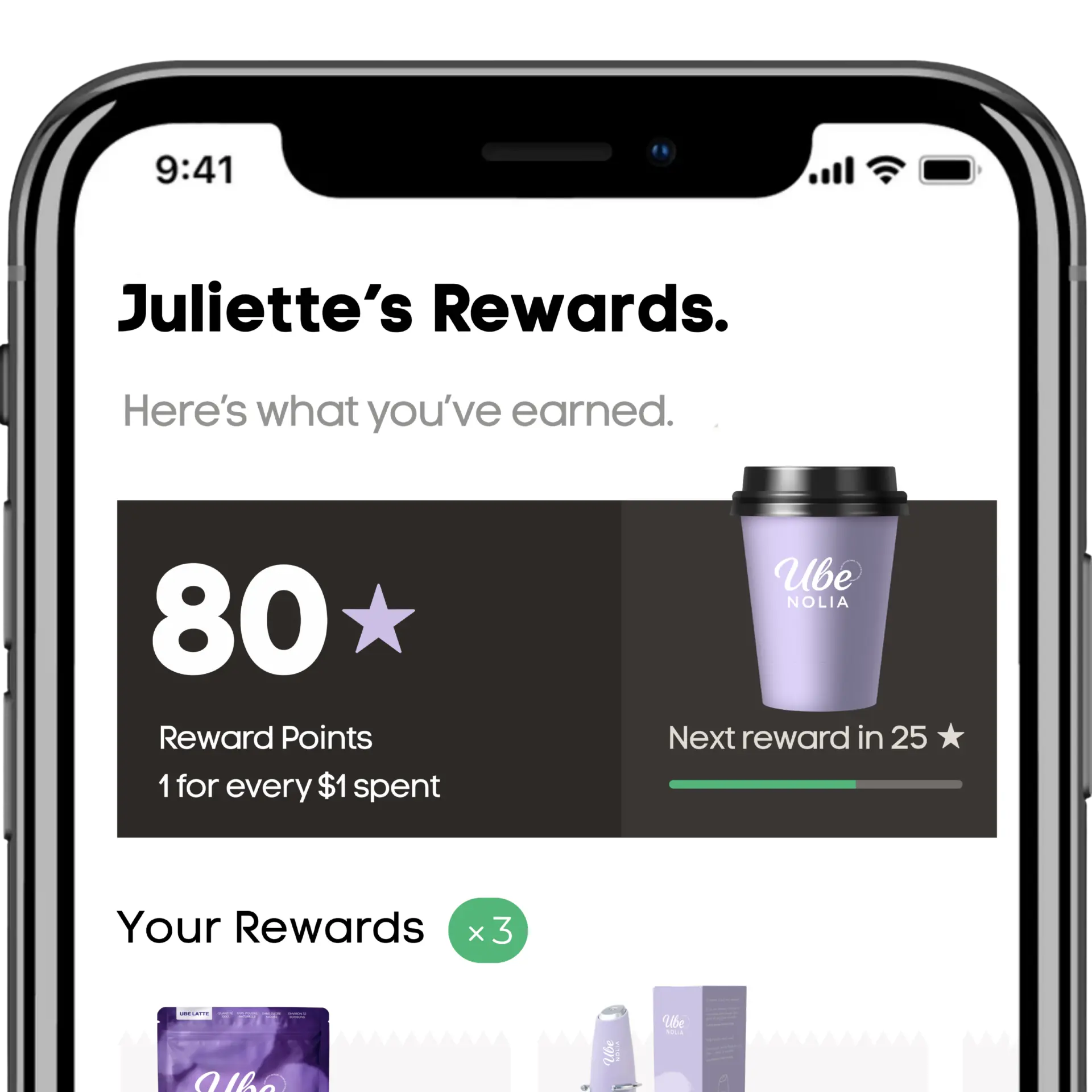 App Ube Nolia Rewards con i punti fedeltà e i vantaggi della polvere di ube
