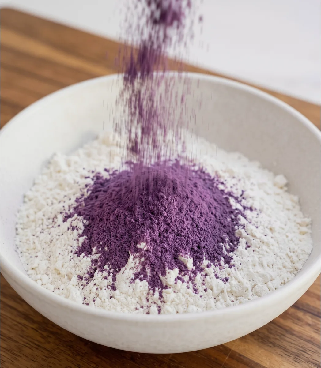 Ube Nolia purple polvere di ube being sifted into a bowl of white flour for ube coconut loaf cake
