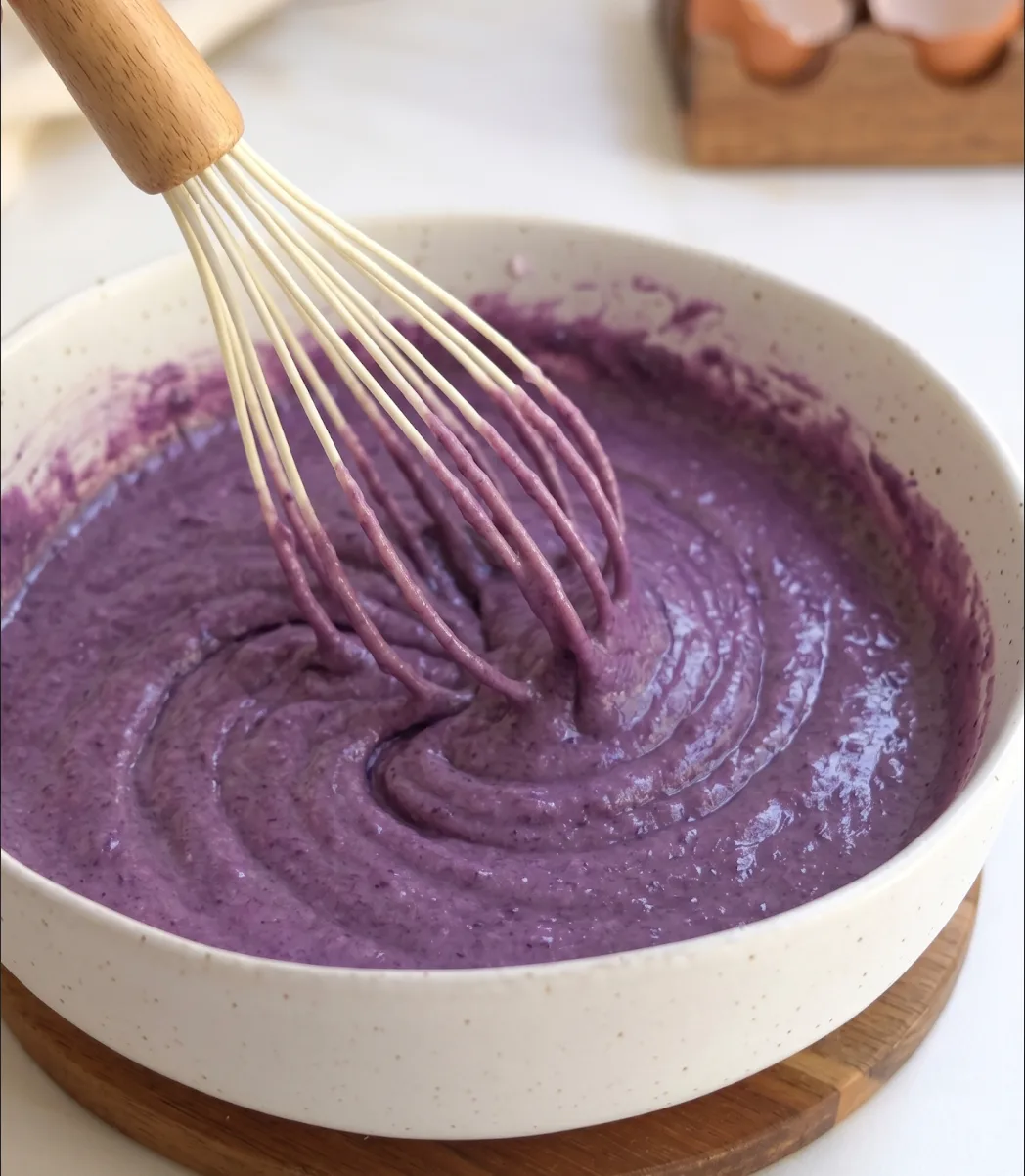 Impasto liscio viola di plumcake ube cocco mescolato in una ciotola per il plumcake UBE NOLIA
