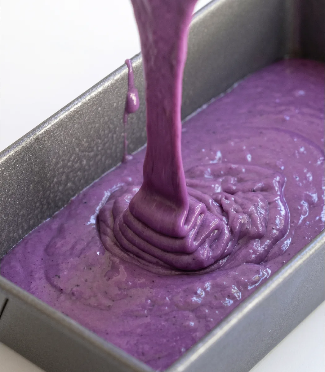 Impasto viola di plumcake cocco ube versato in uno stampo di metallo per la ricetta UBE NOLIA