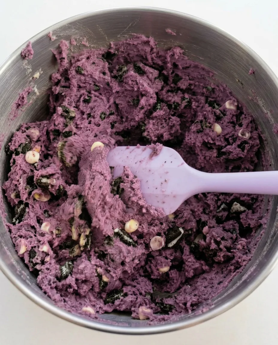 Impasto di biscotti Ube Oreo stile New York con scaglie di cioccolato bianco e pezzi di Oreo sbriciolati in una ciotola