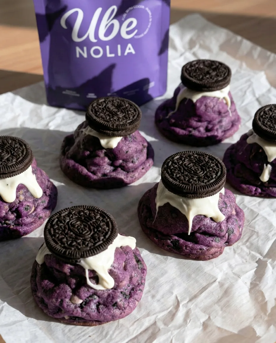 I migliori Ube Oreo Cookies – Biscotti Ube Oreo corposi stile New York, bustina di polvere di ube e cioccolato bianco che cola | Ube Nolia