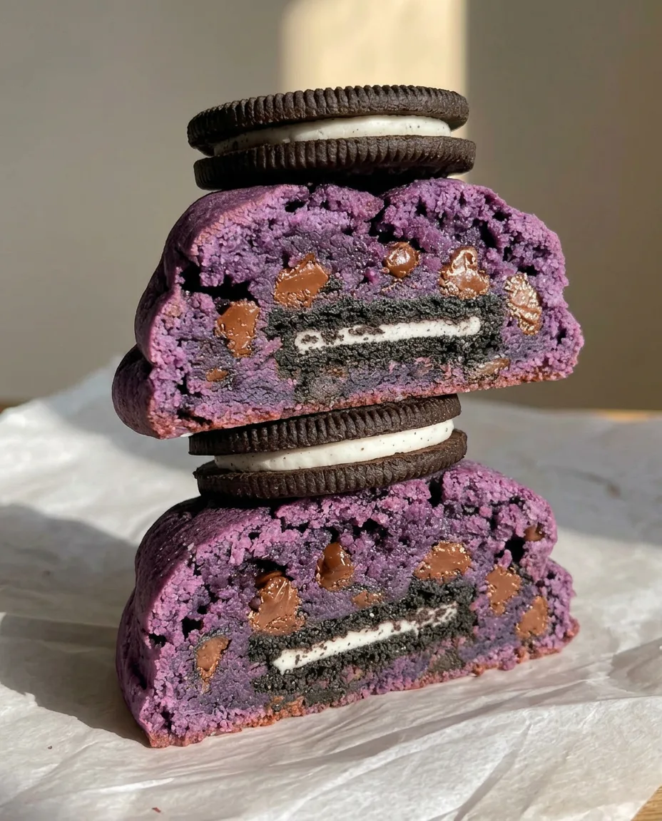 I migliori Ube Oreo Cookies – Sezione trasversale di Ube Oreo cookies stile New York impilati che mostrano il centro di Oreo intero, bianco | Ube Nolia