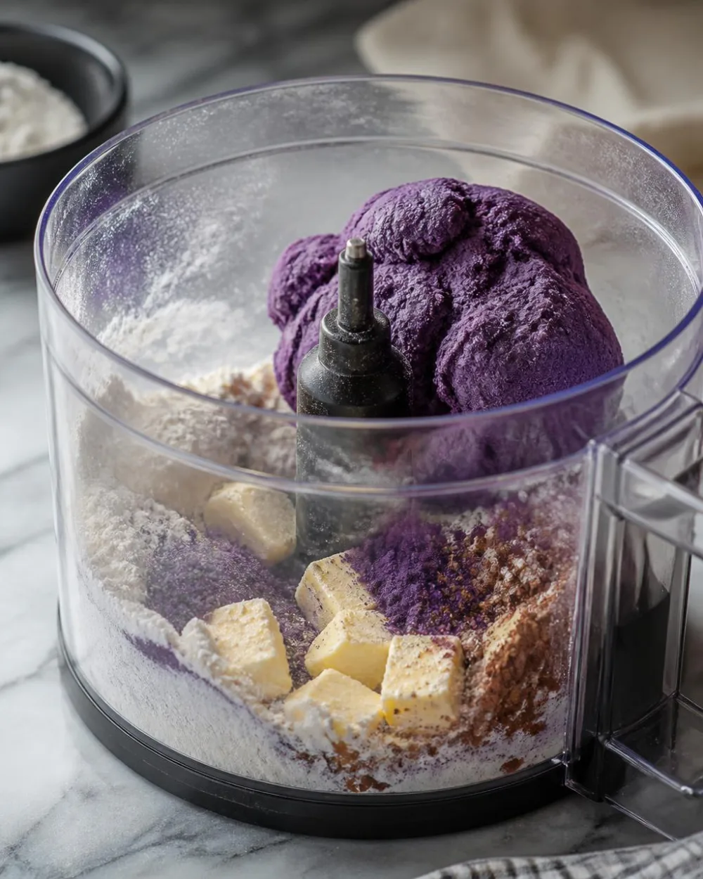 Impasto per biscotti Ube Oreo – impasto viola in un robot da cucina con polvere di ube, farina, cacao e burro | Ube Nolia