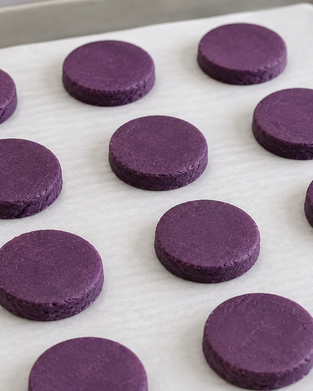 Wafer Ube Oreo – mani che pressano l'impasto viola di ube in tondi sottili da 3 mm su carta da forno | Ube Nolia