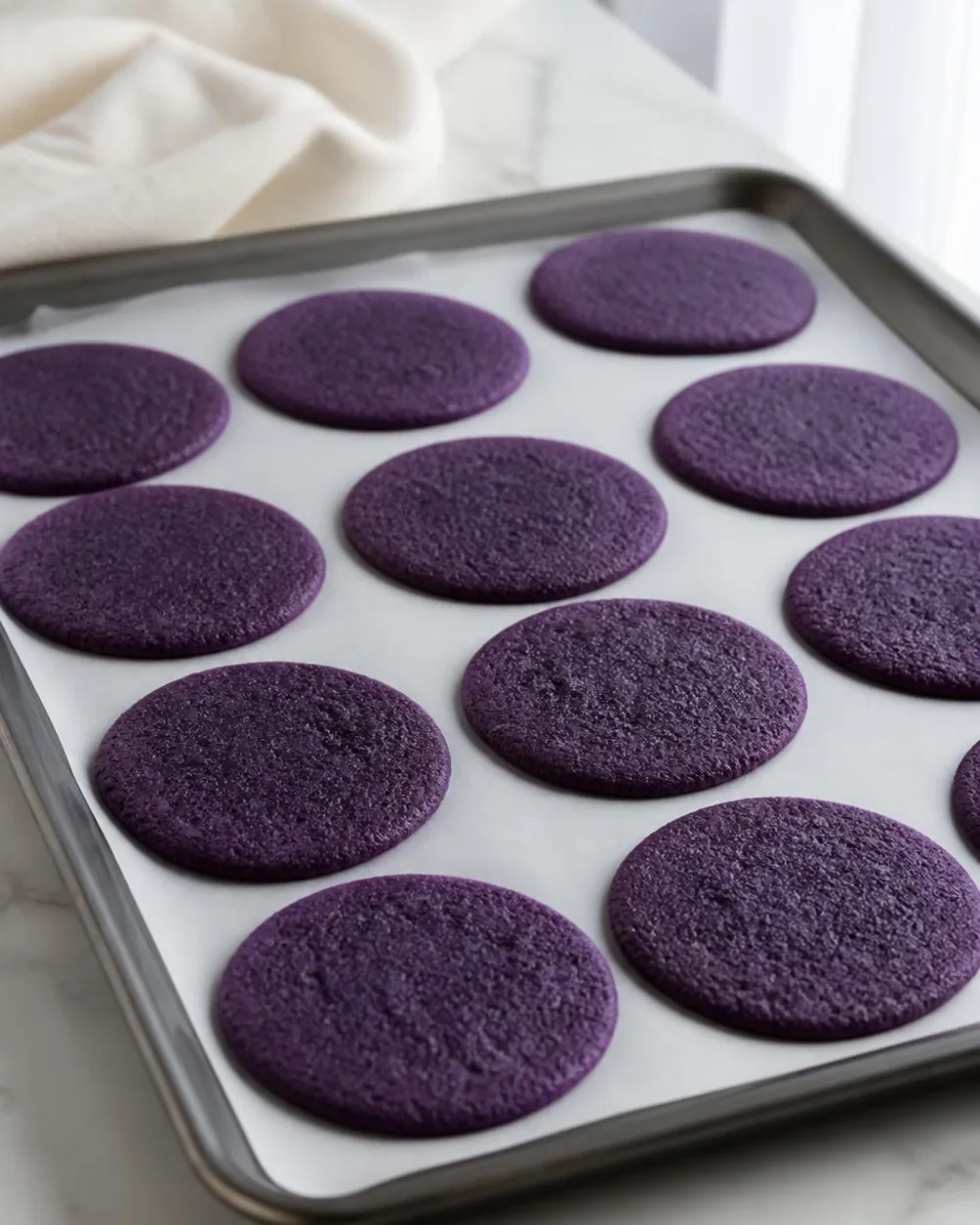 Wafer Ube Oreo cotti – dischi di biscotti ube viola che si raffreddano su una teglia | Ube Nolia