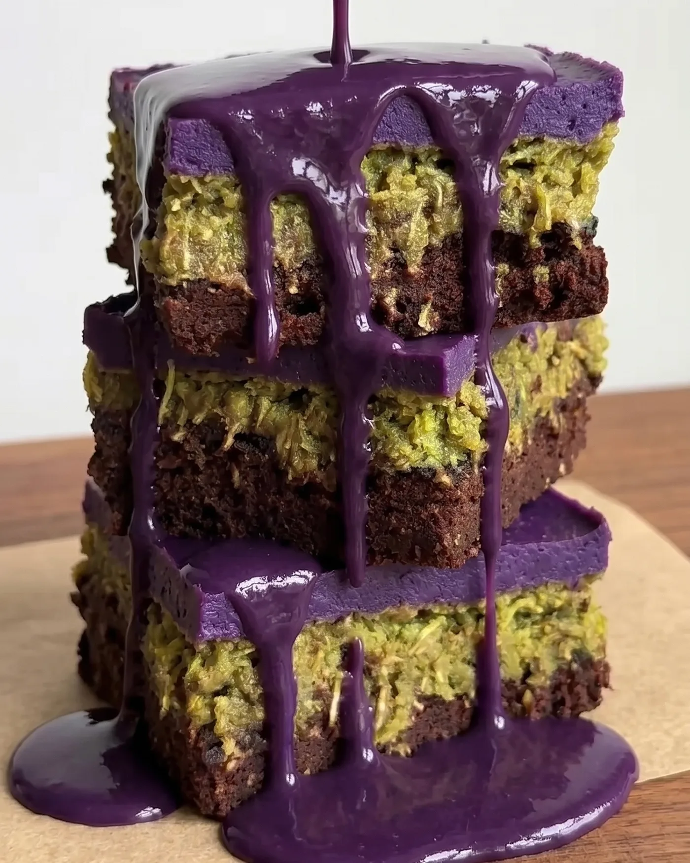 Salsa ube a goccia versabile che cola su una pila di barrette brownie al cioccolato Ube Dubai di Ube Nolia
